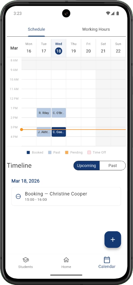 Driving Lesson Scheduling Calendar App Screen