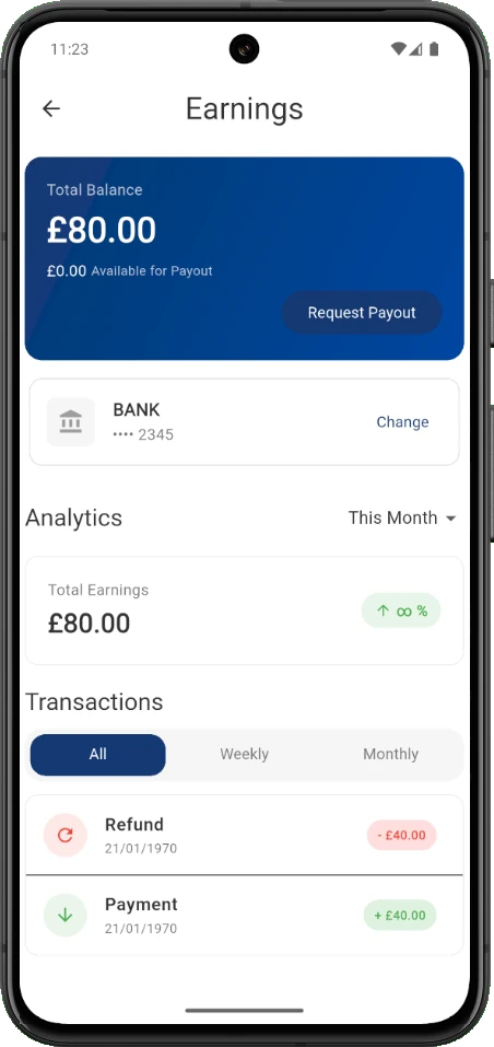 Driving Instructor Earnings and Payments App Screen